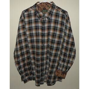 Orvis Classic Fit Mens XL LS Button Shirt Black/Gray Plaid Contrasting Camo Cuff